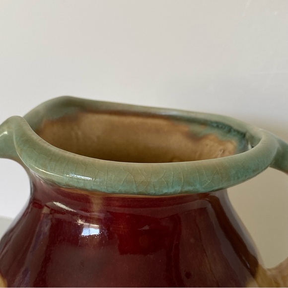 Art Pottery Pitcher Dan Lasser Signed Vermont Glaze Red Tulip 6.25” Green Beige - Picture 12 of 16